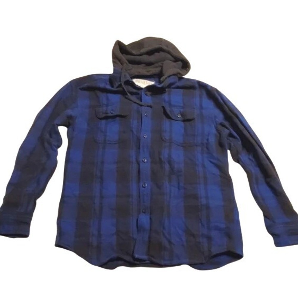American Eagle Flannel Hooded Shirt Blue Black Plaid Button Down Mens Medium